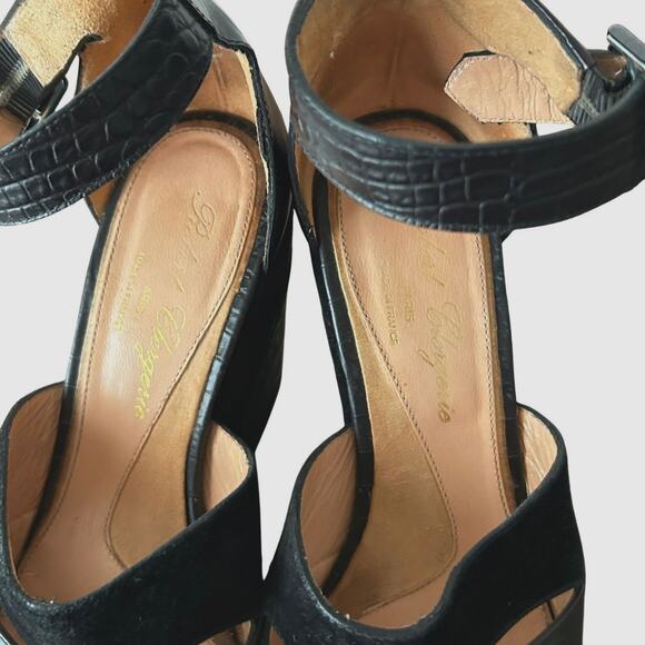 Y2K Robert Clergerie Black Suede & Croc Embossed Wedge Sandals – Size 6.5 France - Picture 6 of 8